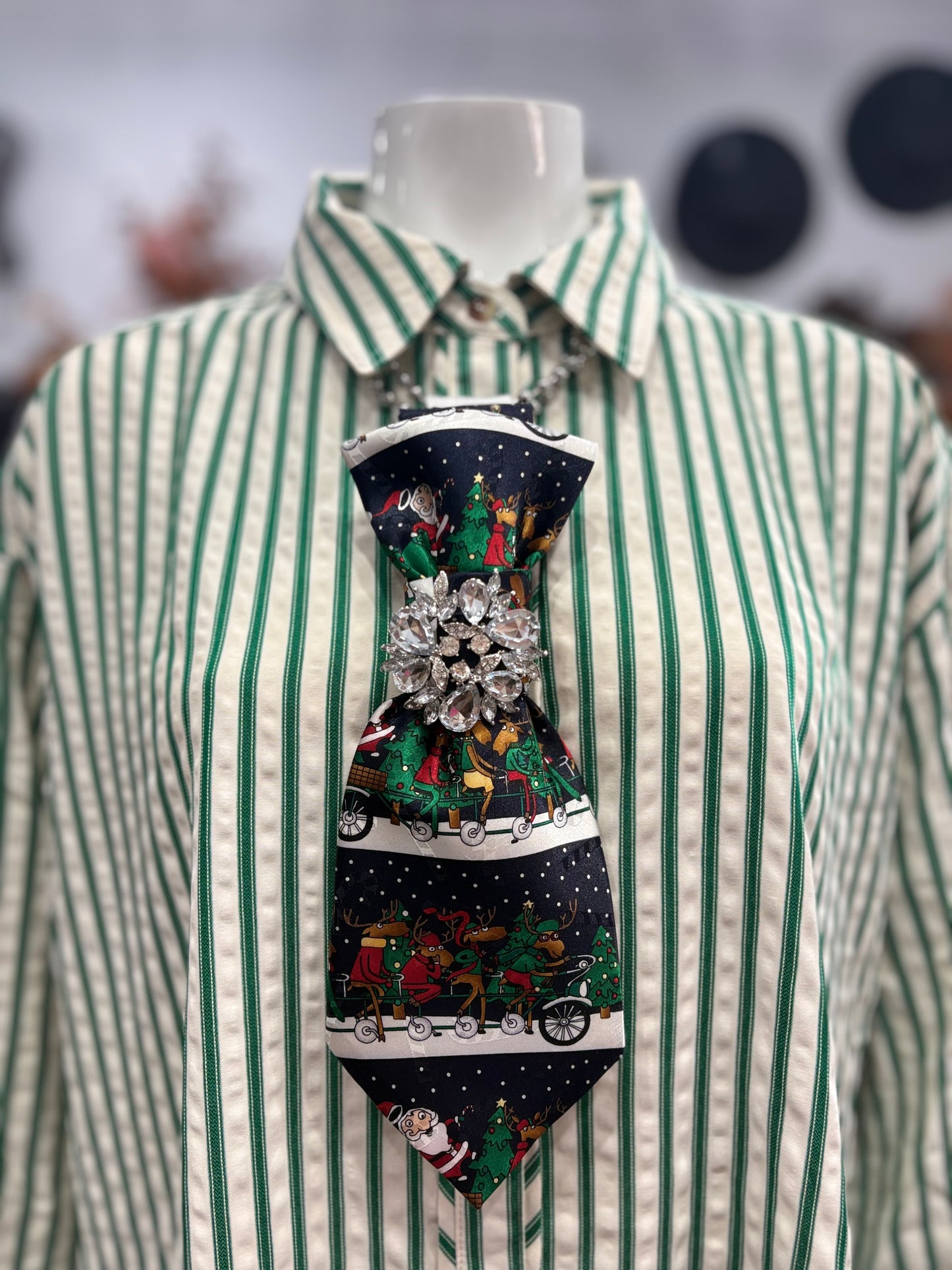 Simply Elegant Necktie Necklace Accessory / Santa Reindeer / Crystal Brooch