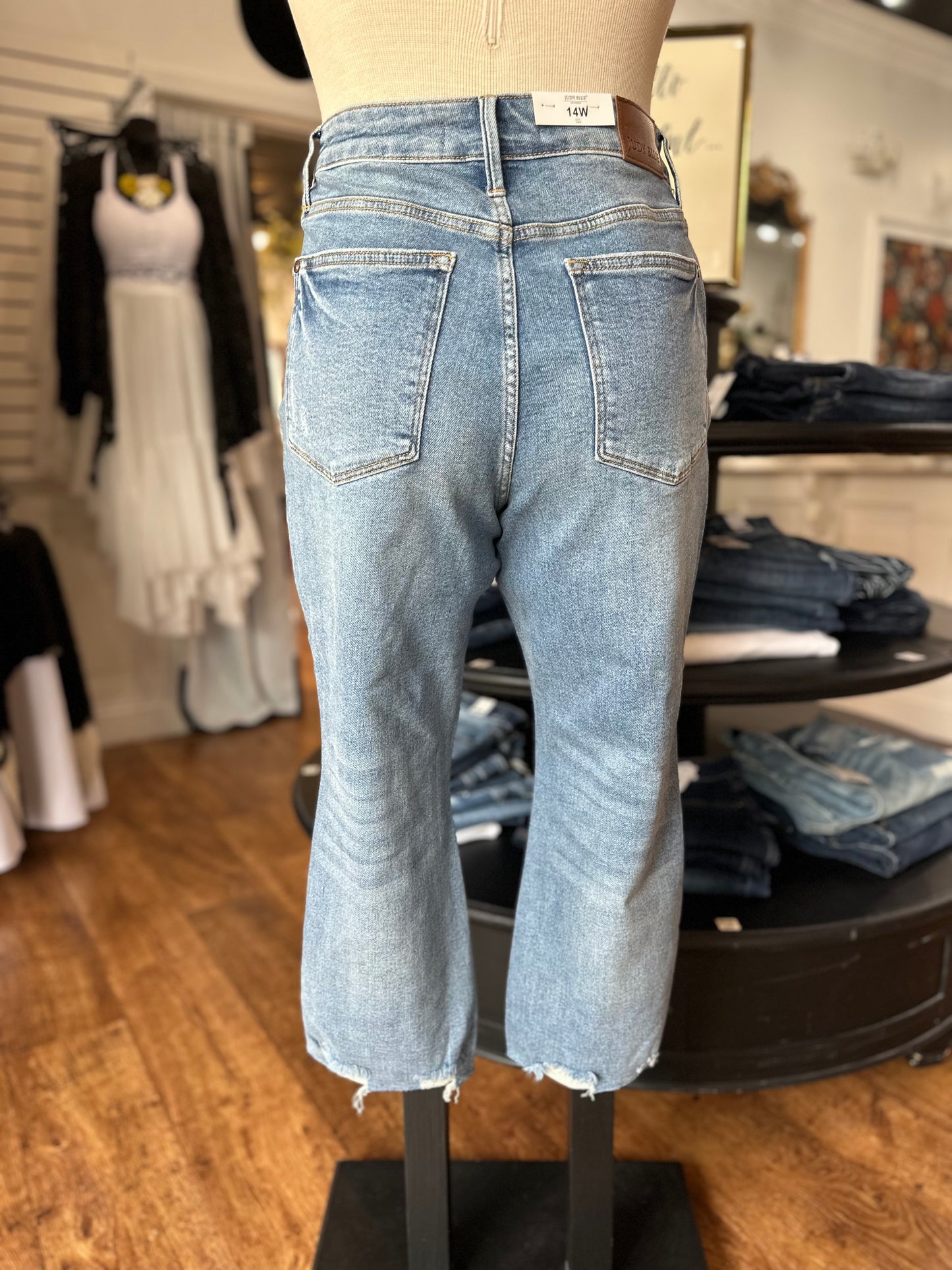 Judy Blue Mid Rise Vintage Wash Destroy Hem Kick Flare Jean ~ STEFFANIE