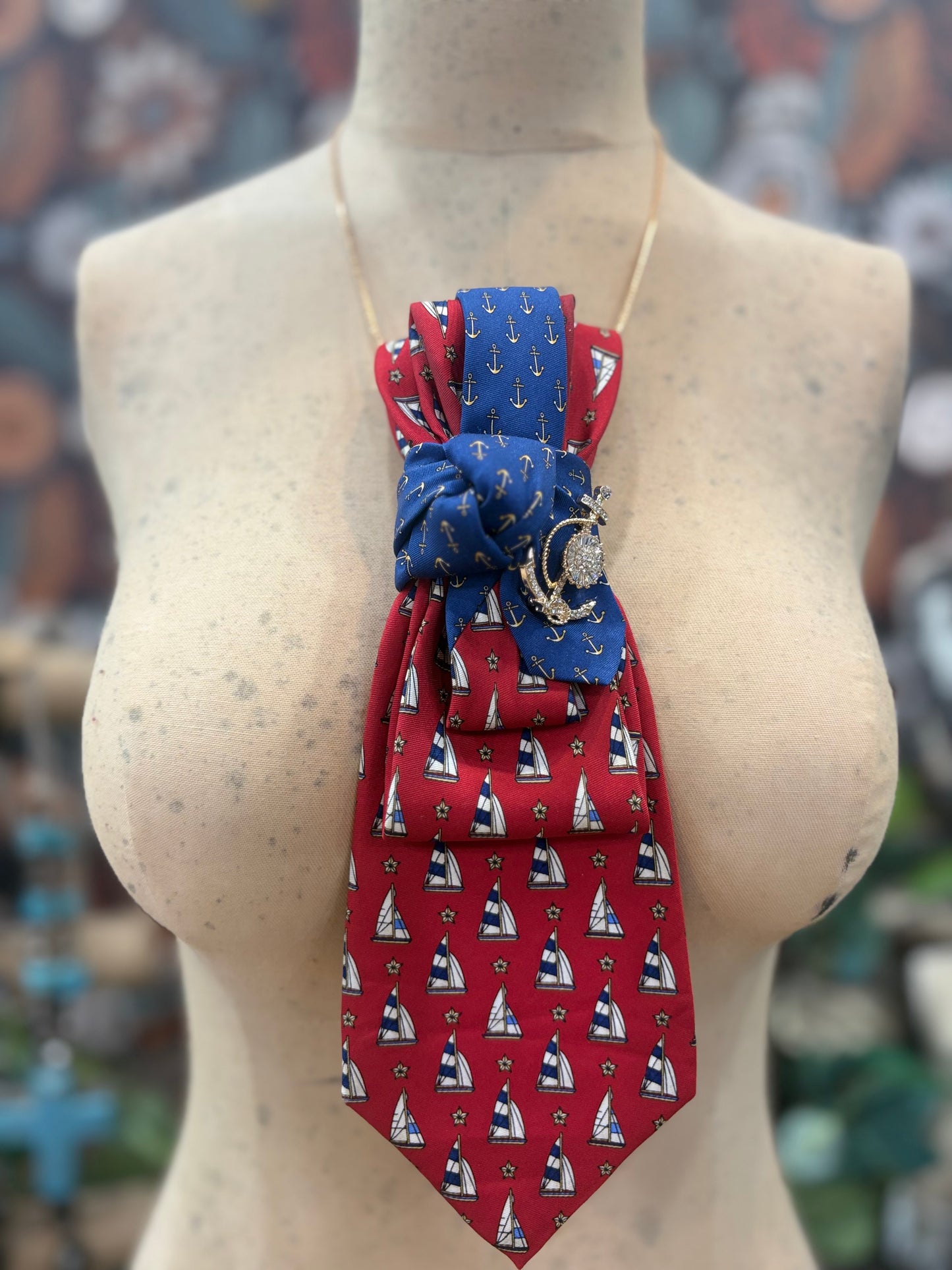 The It Girl Necktie Necklace Accessory / Red/Blue Sailboat