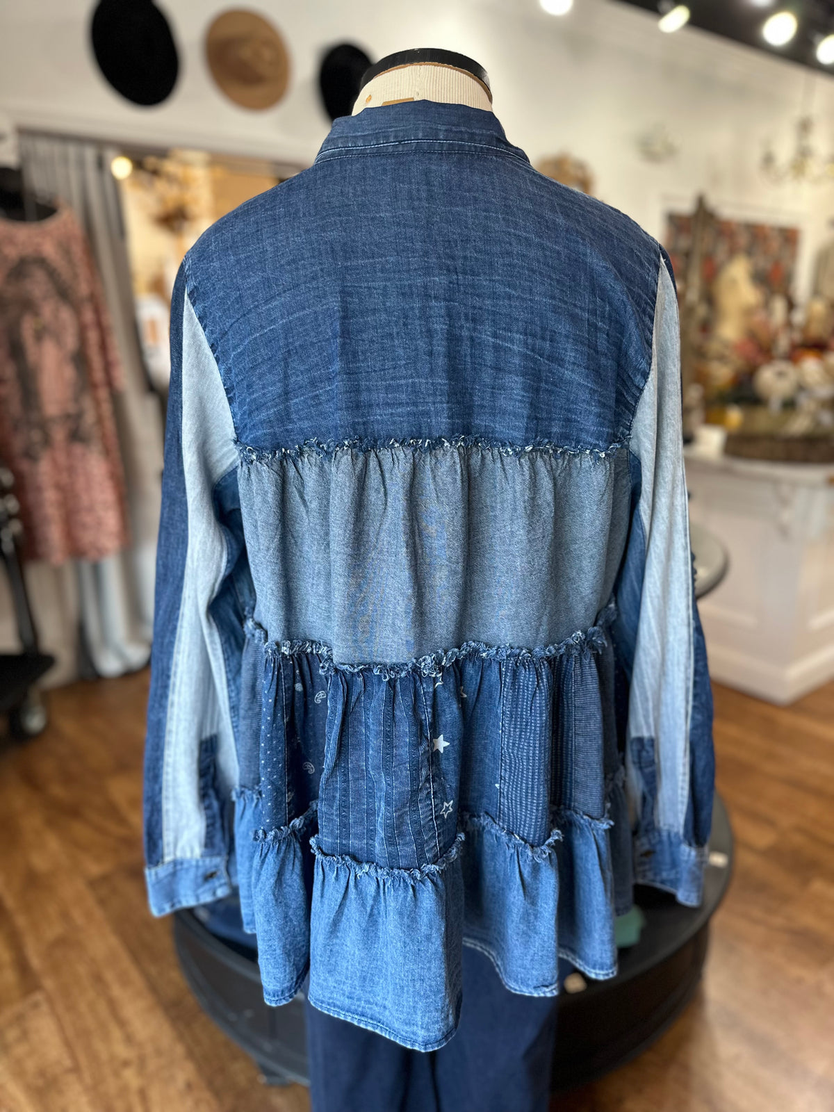 Off The Charts Denim Tiered Button Up Top