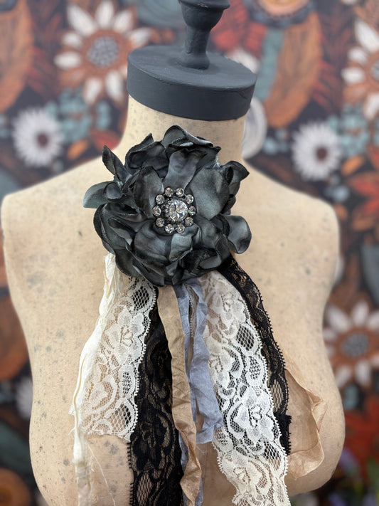 Flower Pin / Hand Cut Charcoal Gray Vintage Velvet