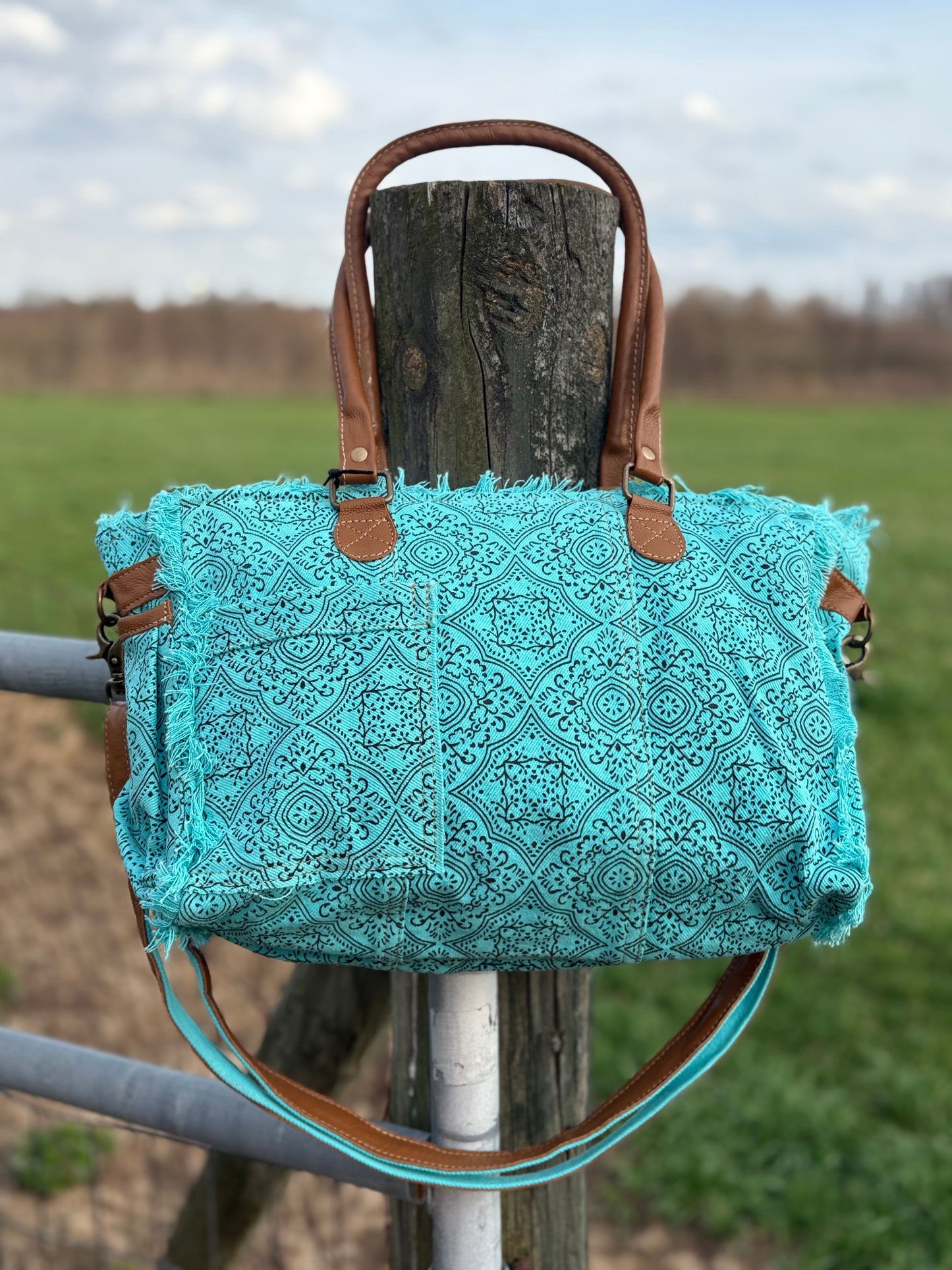 Myra Triple Fork Ranch Tote Bag in Turquoise
