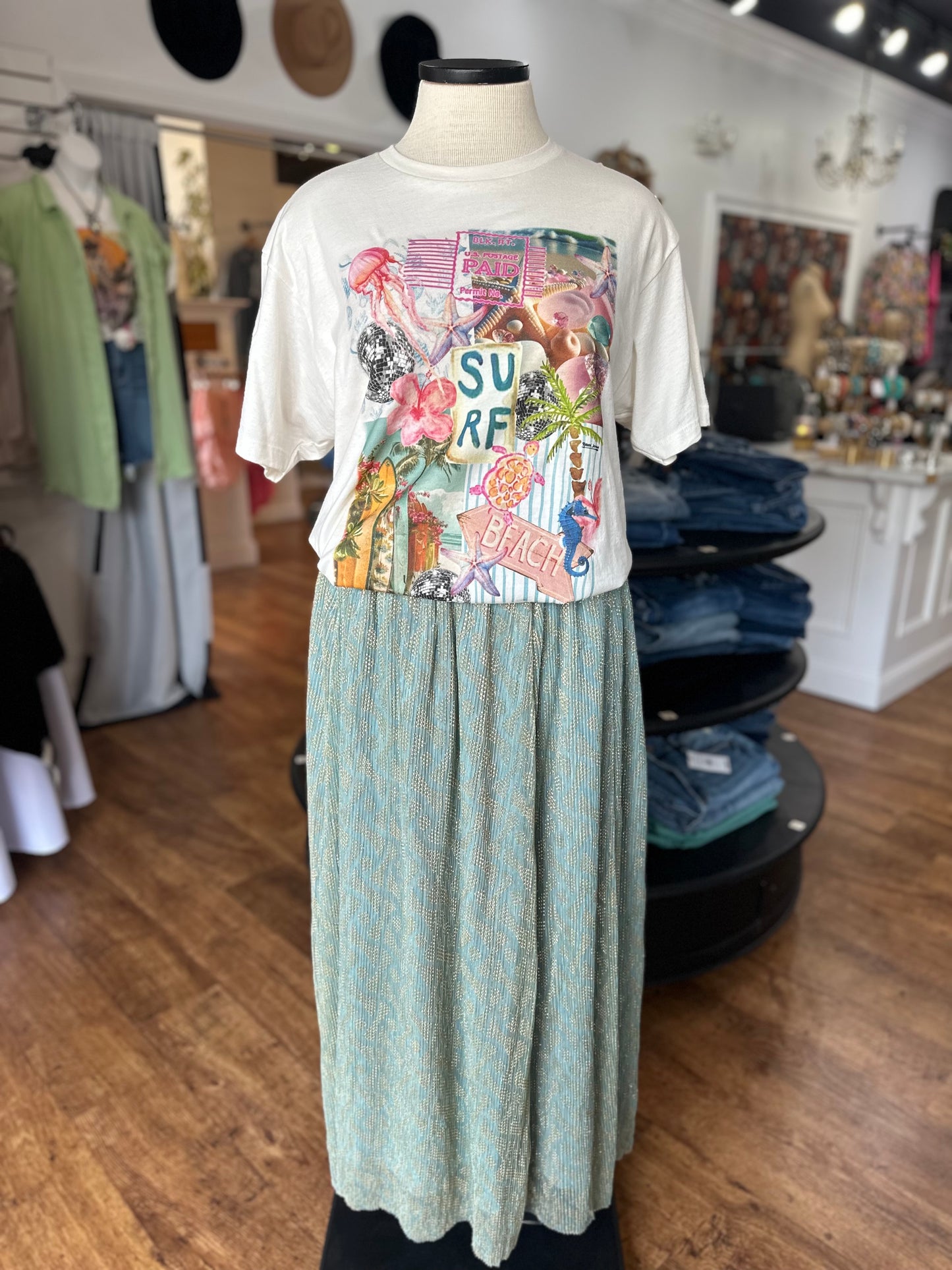 Set In Place Metallic Pleated Maxi Skirt ~ Sage