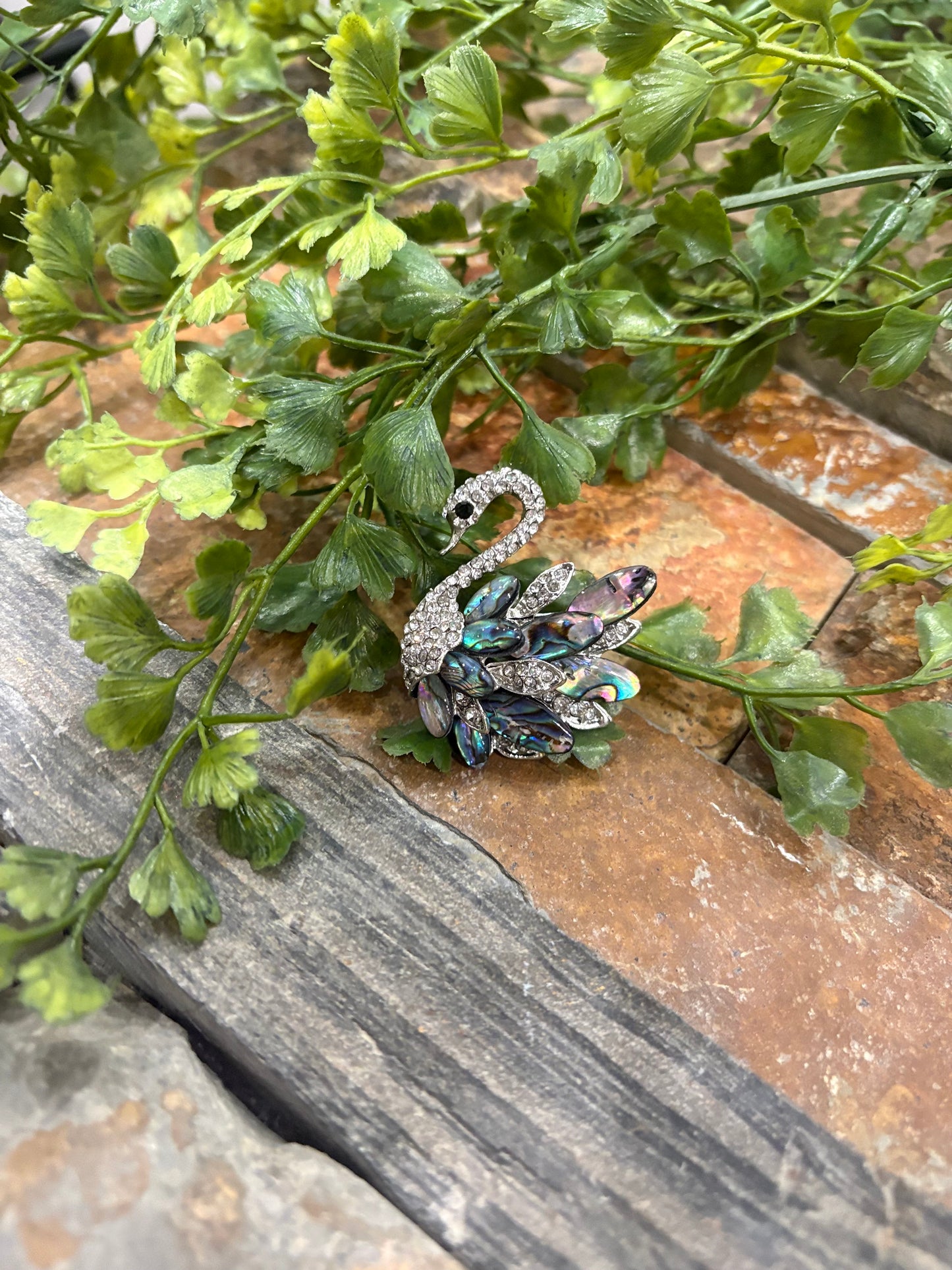 Abalone Shell & Rhinestone Swan Brooch