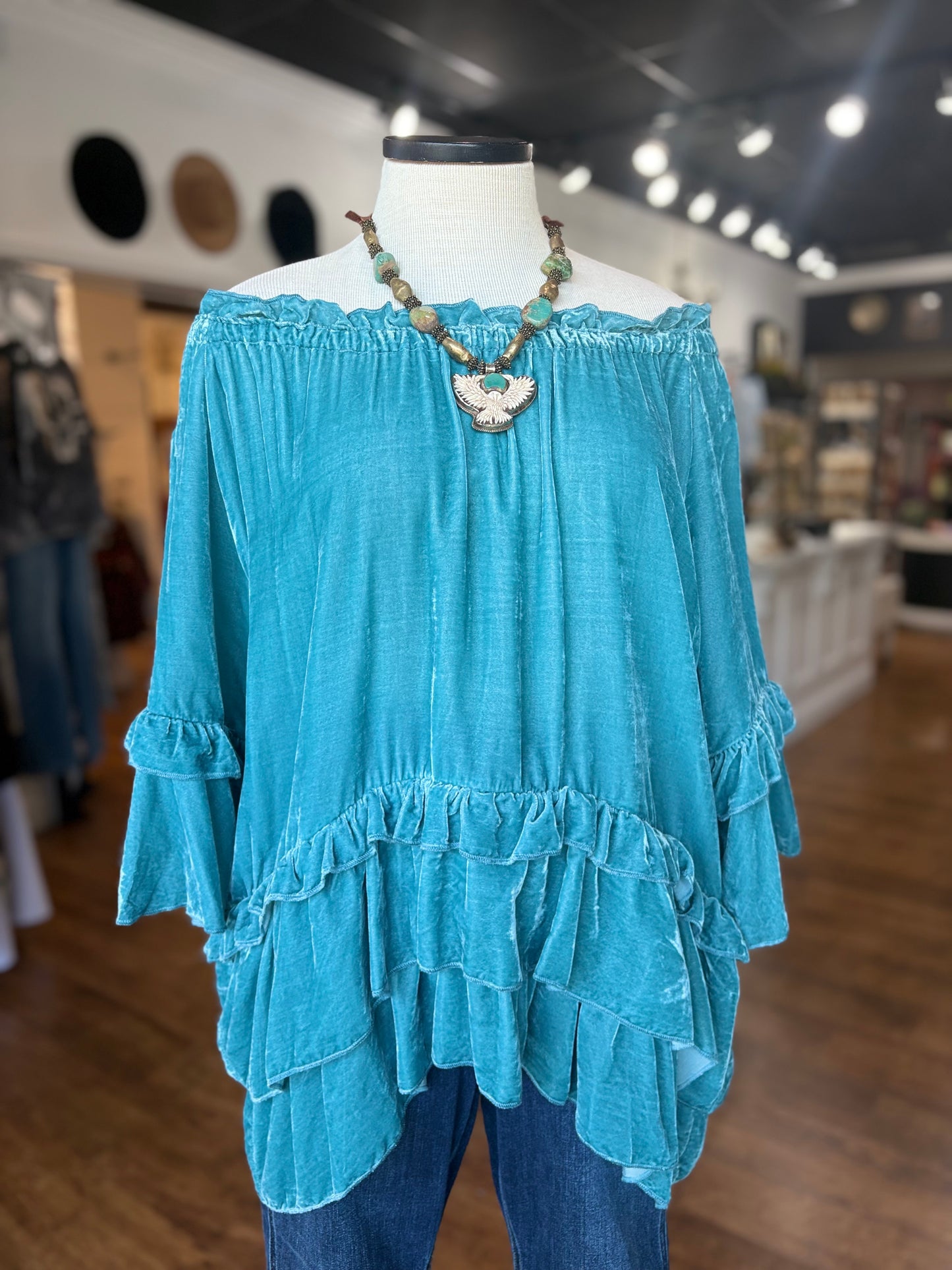 Whispers of Velvet Ruffle Top - Turquoise