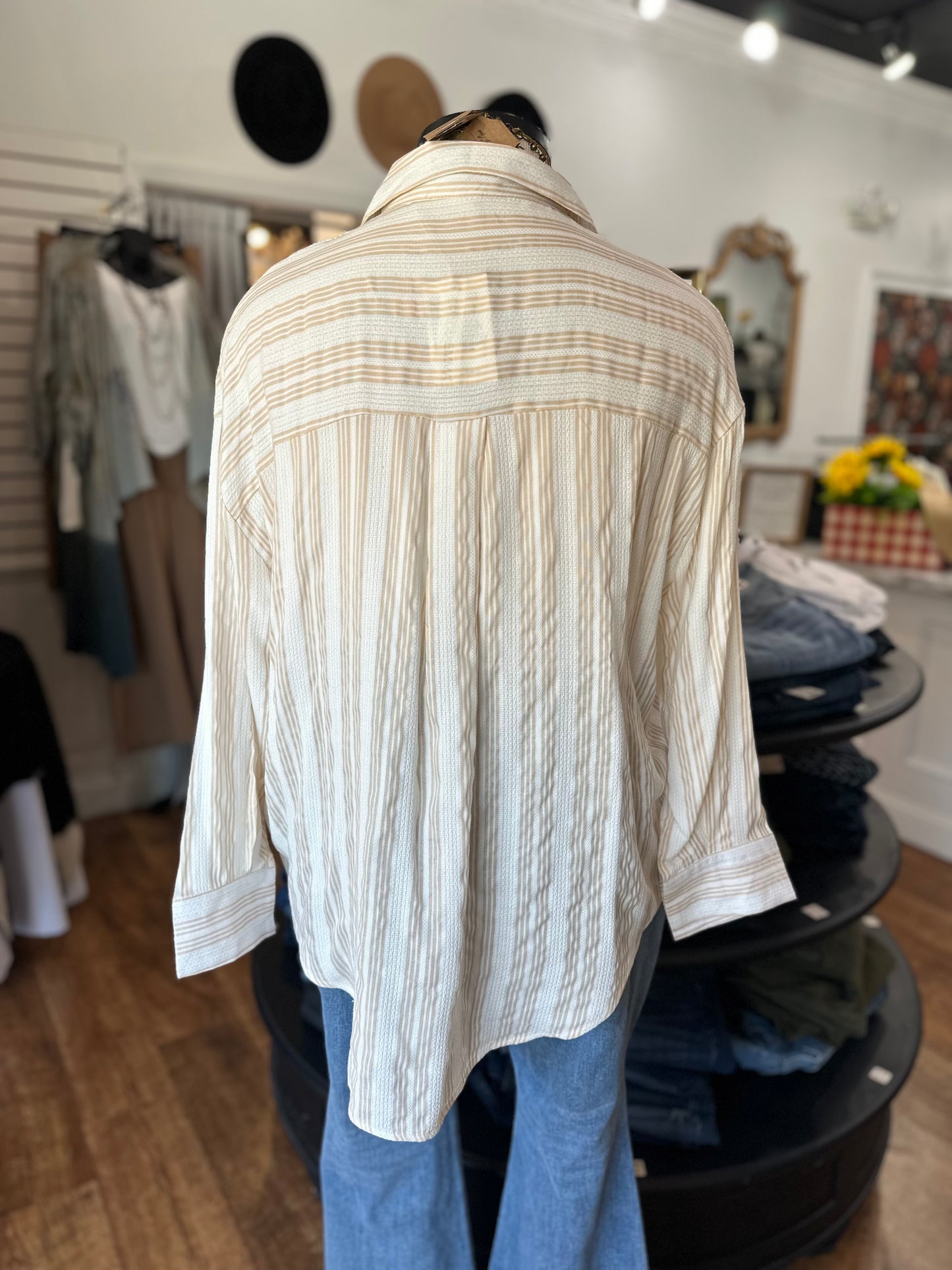 On Point Button Up Shirt ~ Beige Striped