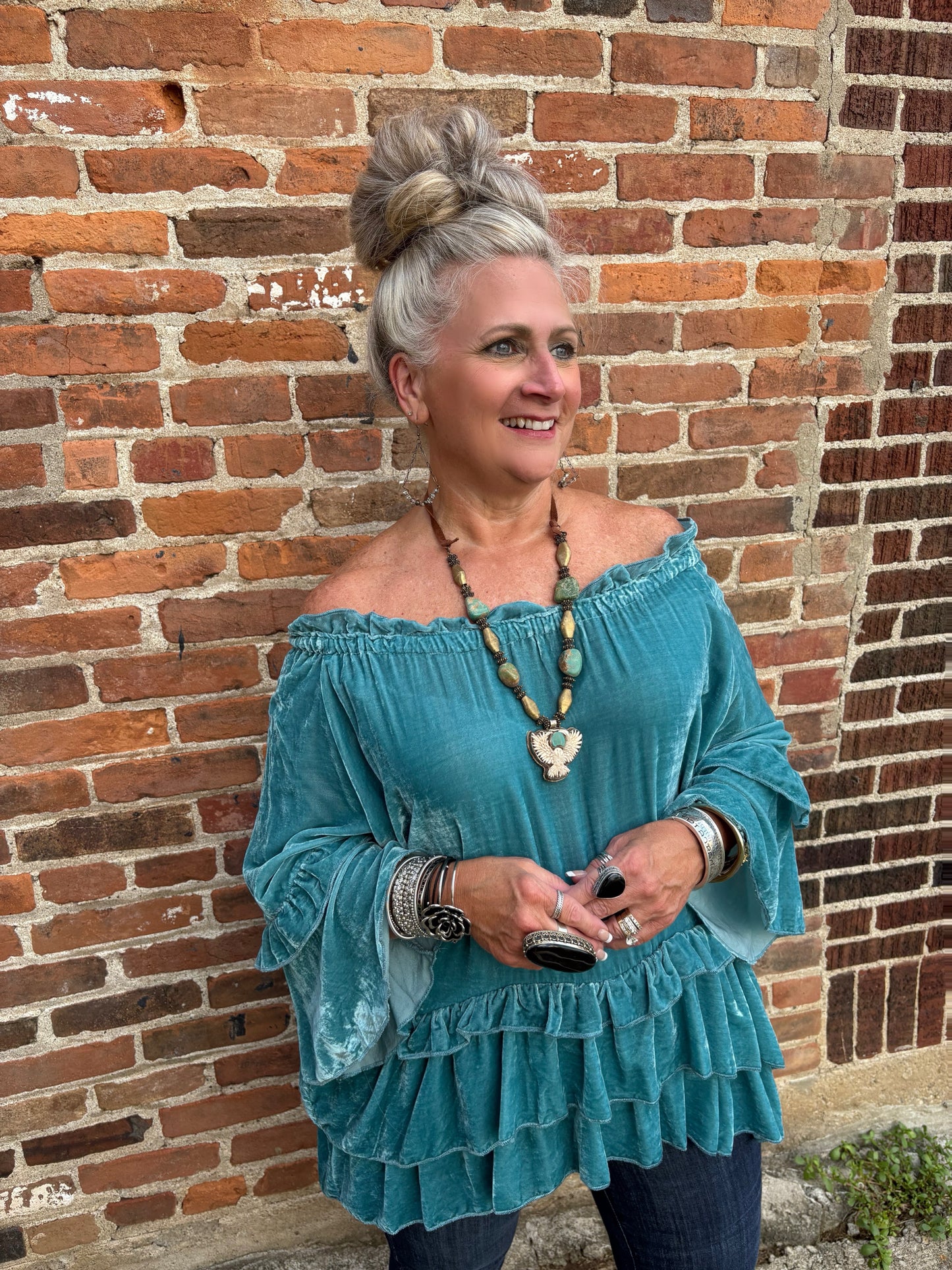 Whispers of Velvet Ruffle Top - Turquoise