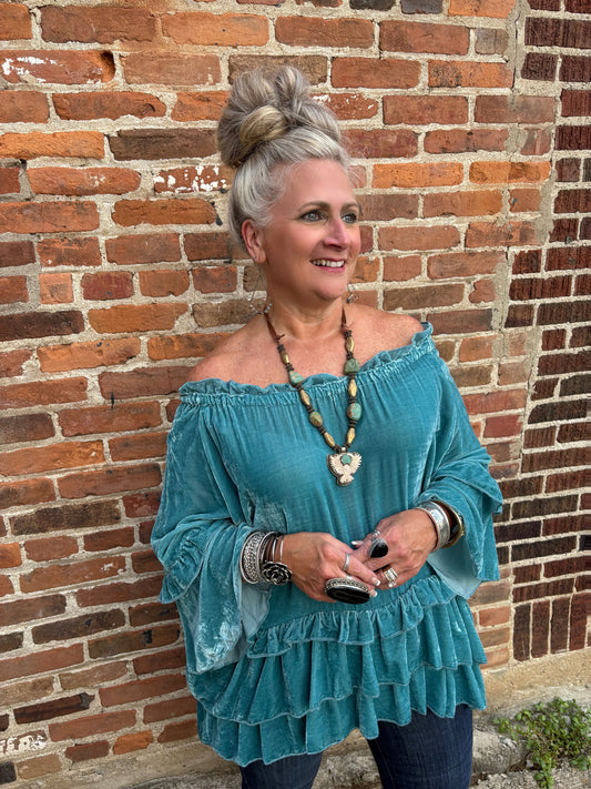 Whispers of Velvet Ruffle Top - Turquoise