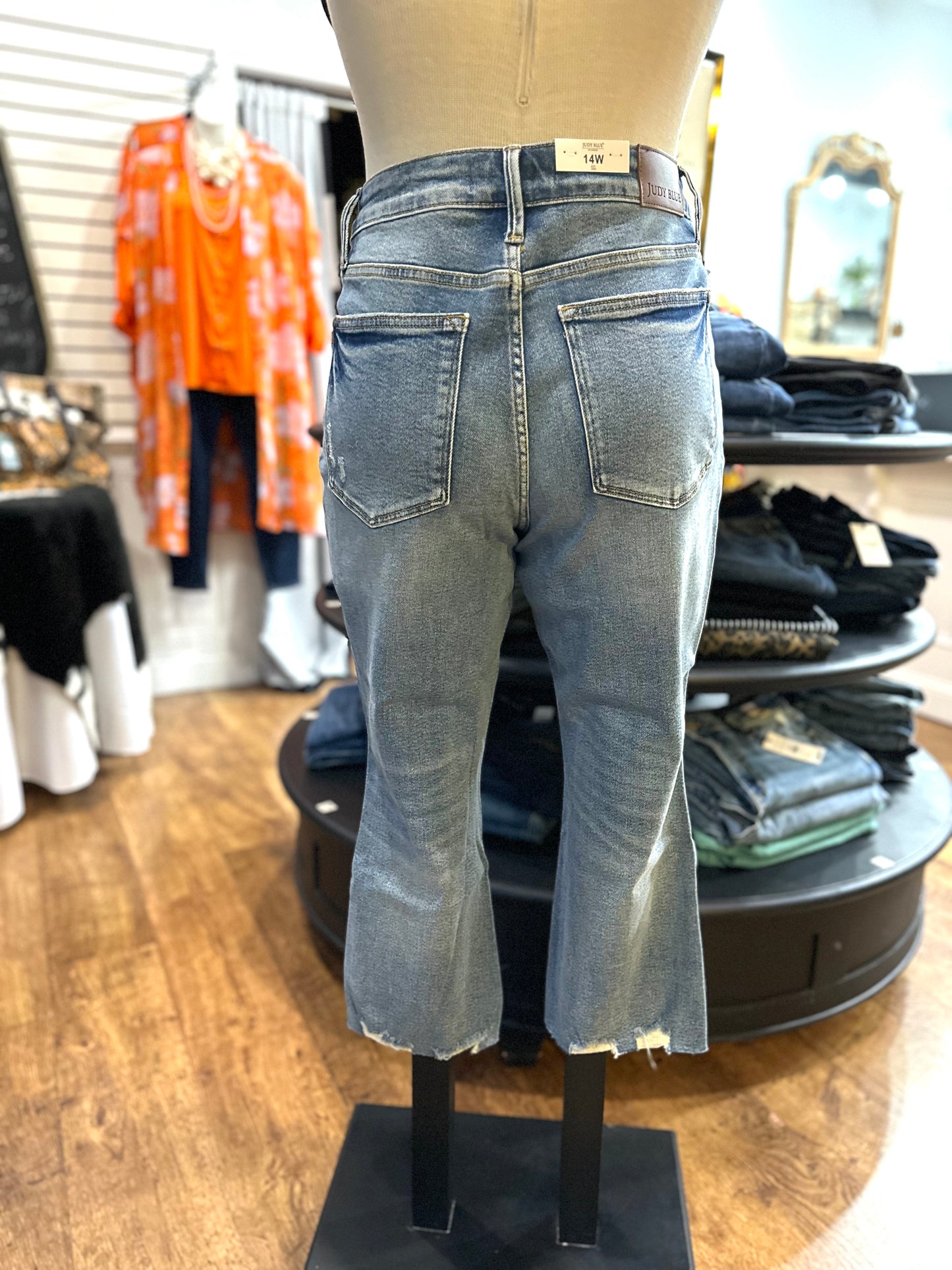 Judy Blue MidRise Vintage Wash Destroyed Hem Kick Flare Jean ~ MEADOW