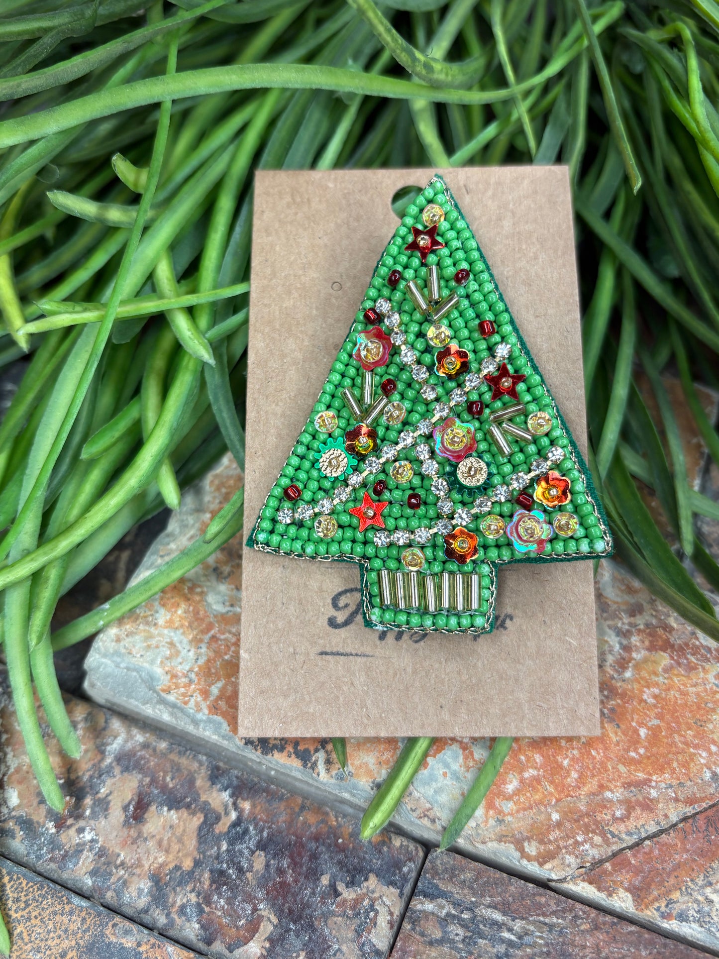 Christmas Cheer Beaded Brooch Pin - Sequin Tree
