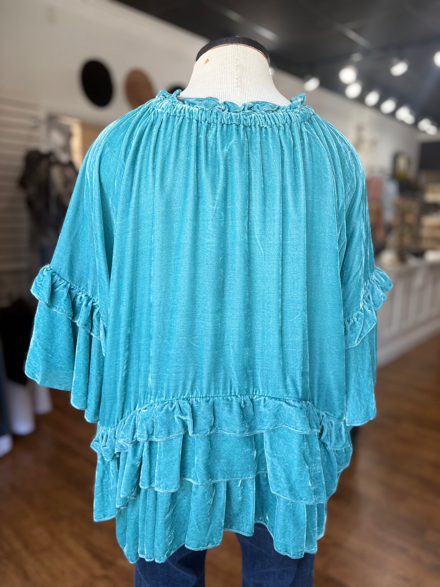 Whispers of Velvet Ruffle Top - Turquoise