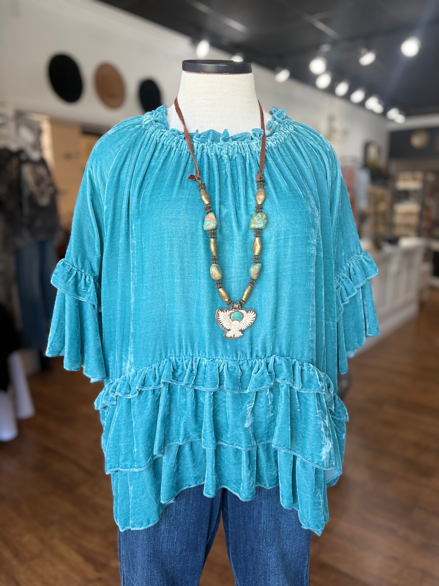 Whispers of Velvet Ruffle Top - Turquoise