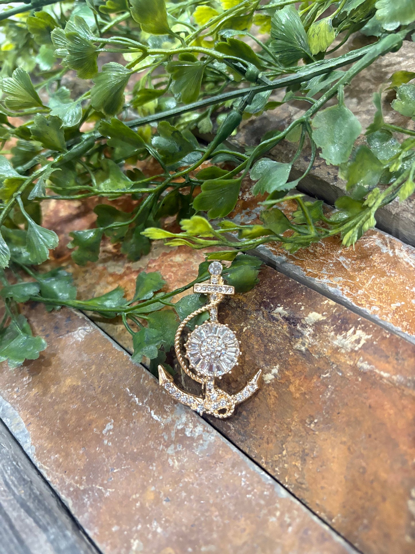 Gold Rhinestone Anchor Brooch