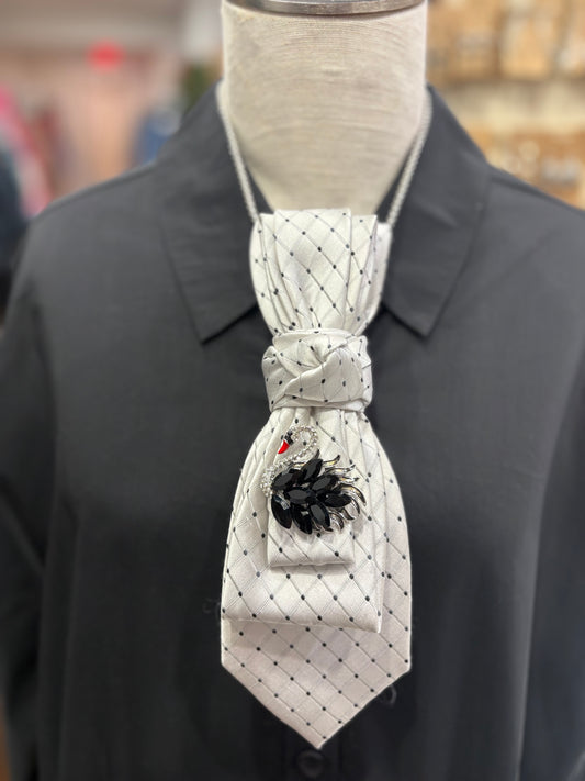Simply Elegant Necktie Necklace Accessory / White Black Dot and Swan Brooch