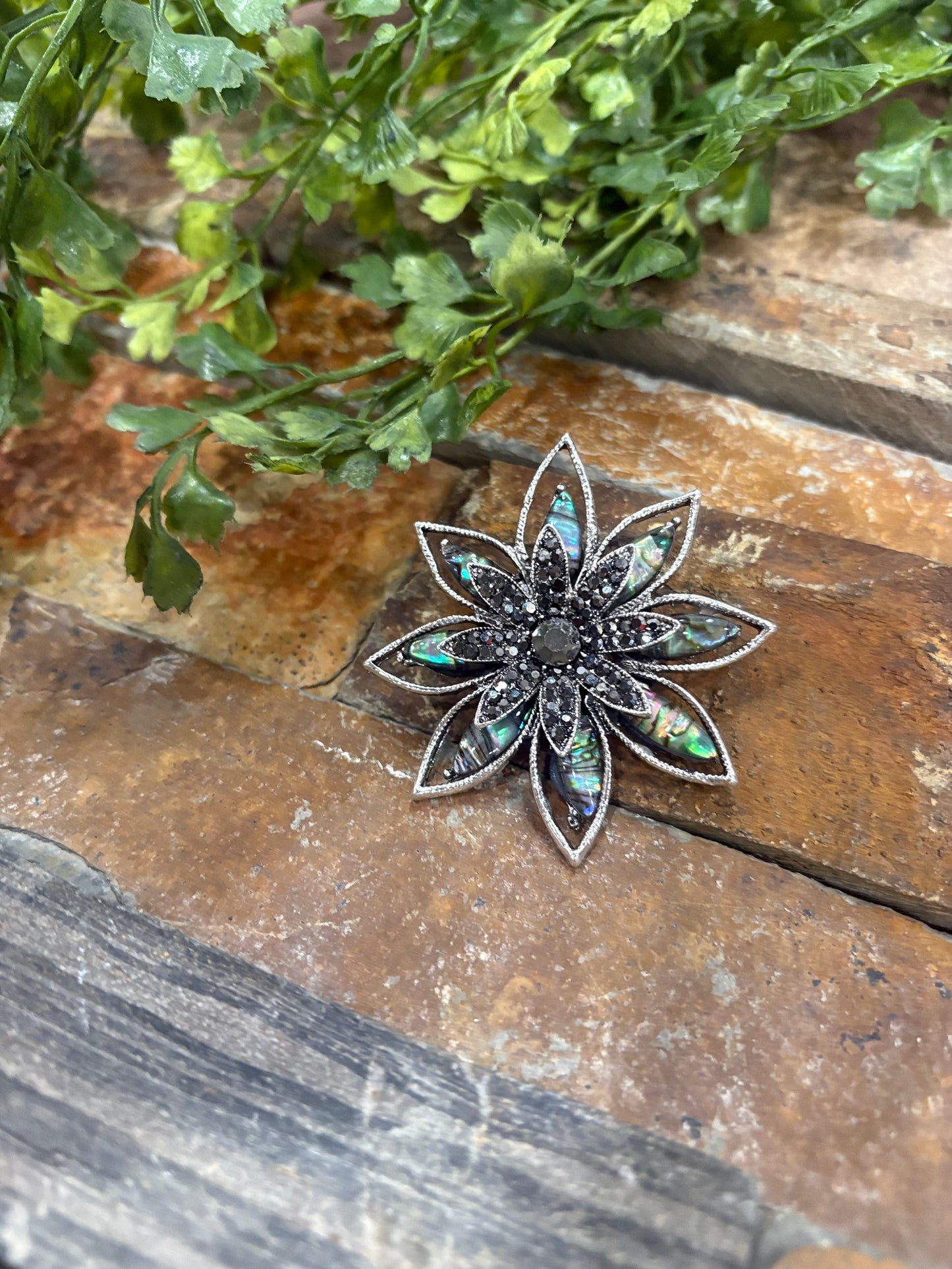 Abalone Shell & Rhinestone Flower Brooch