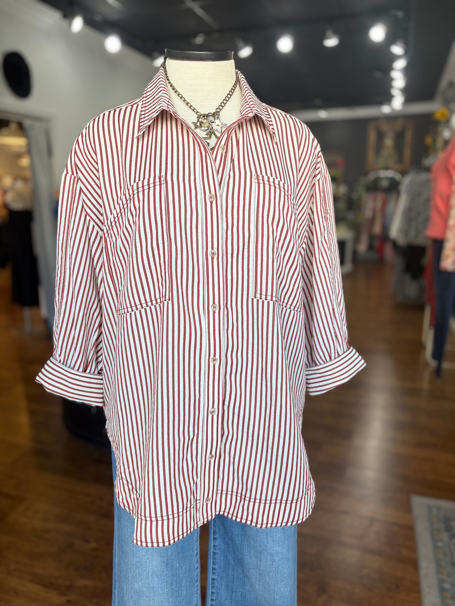 Blissful Feeling Striped Button Down Shirt ~ Rust