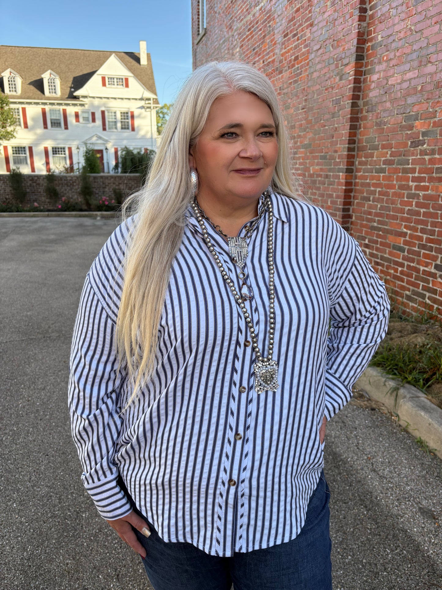 Tell Me Now Striped Button Down Top ~ Chambray