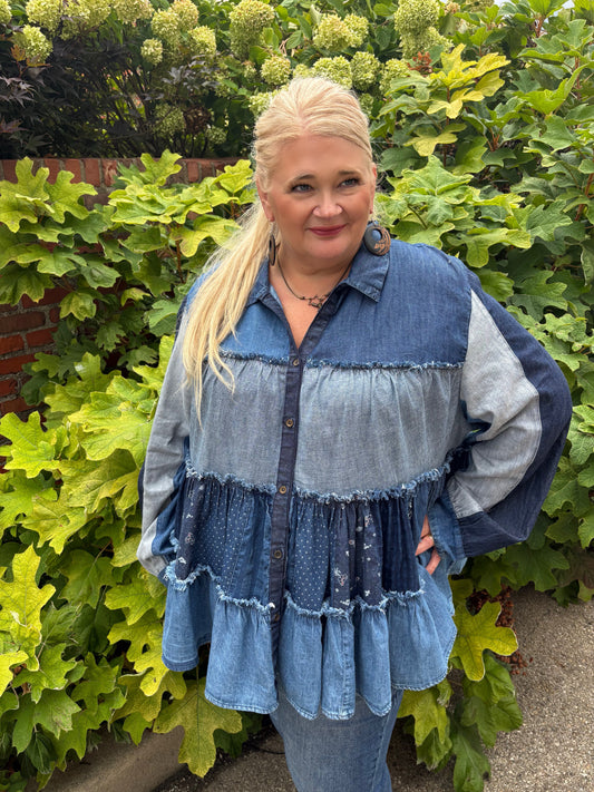 Off The Charts Denim Tiered Button Up Top