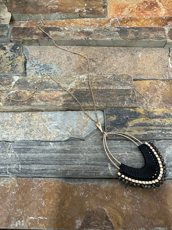 Double Gold Oval Necklace With Black Thread Accents