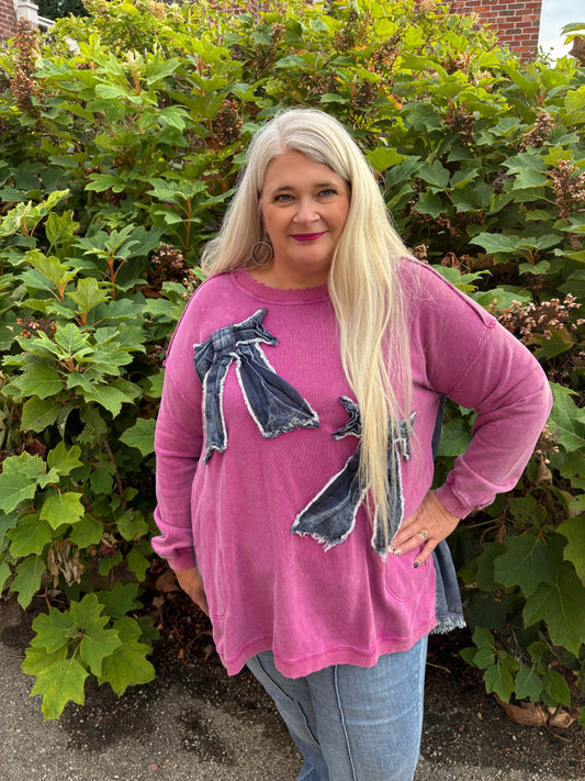 Keep It Going Washed Bow Patch Pullover