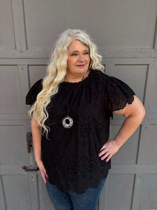 Charmingly Cute Eyelet Top ~ Black