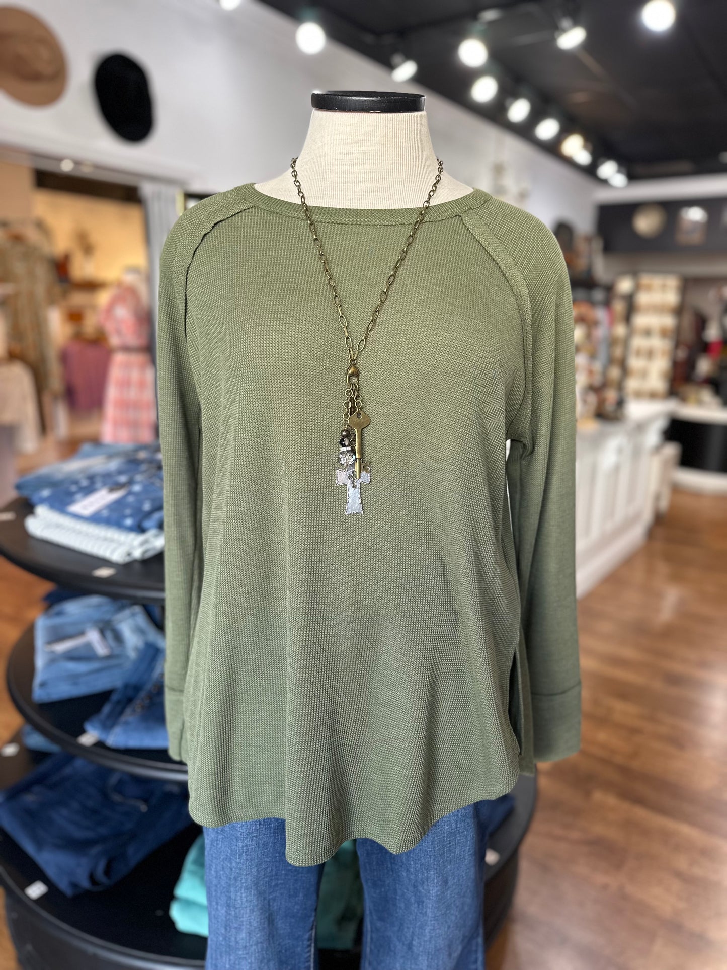Just Right Waffle Knit Top ~ Light Olive