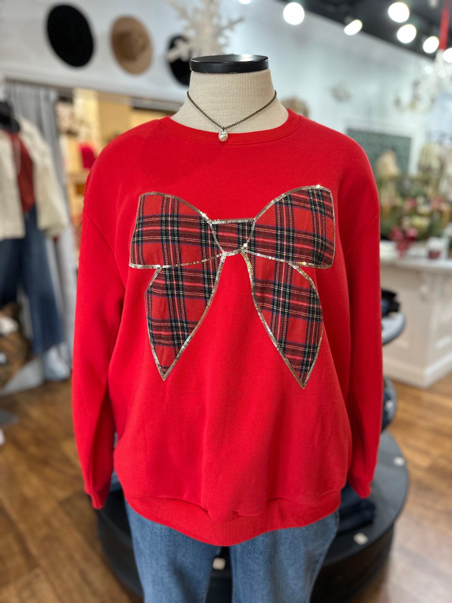 Seasons Greetings Plaid Bow Sweatshirt