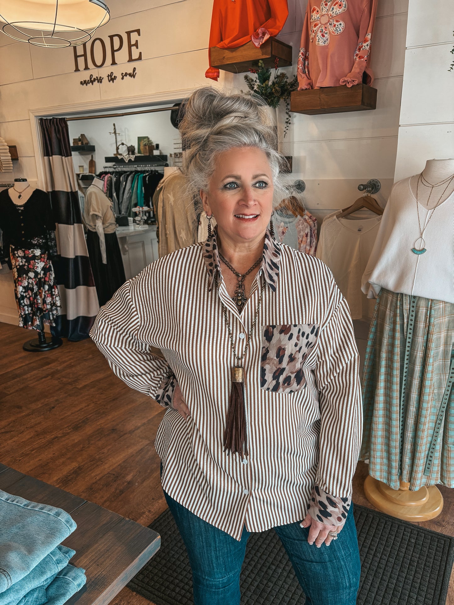 Wild Ride Striped Animal Print Button Up