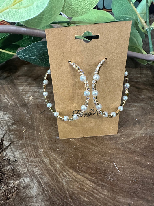 Breaking Point Pearl Rhinestone Hoop Earrings ~ Gold