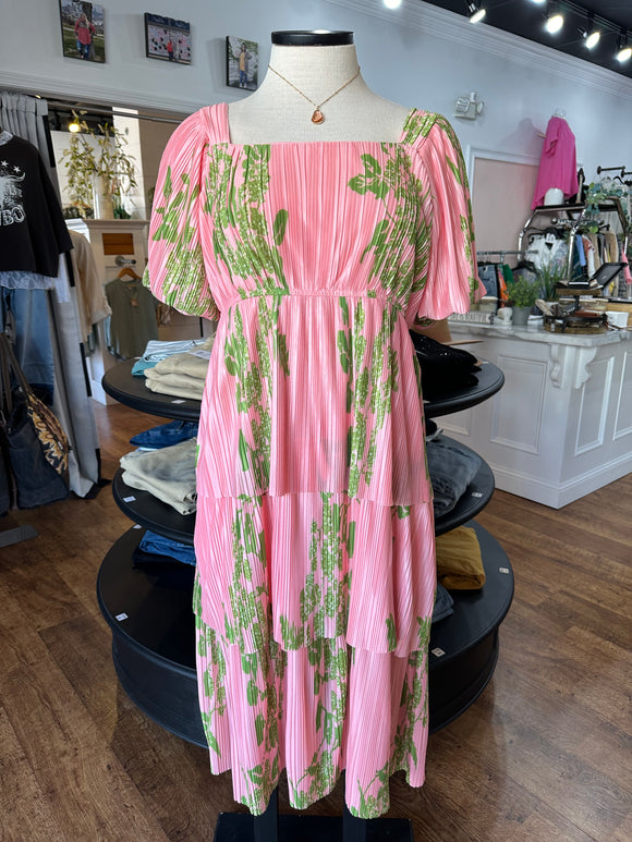 The Nina Floral Pink Puff Sleeve Midi Dress