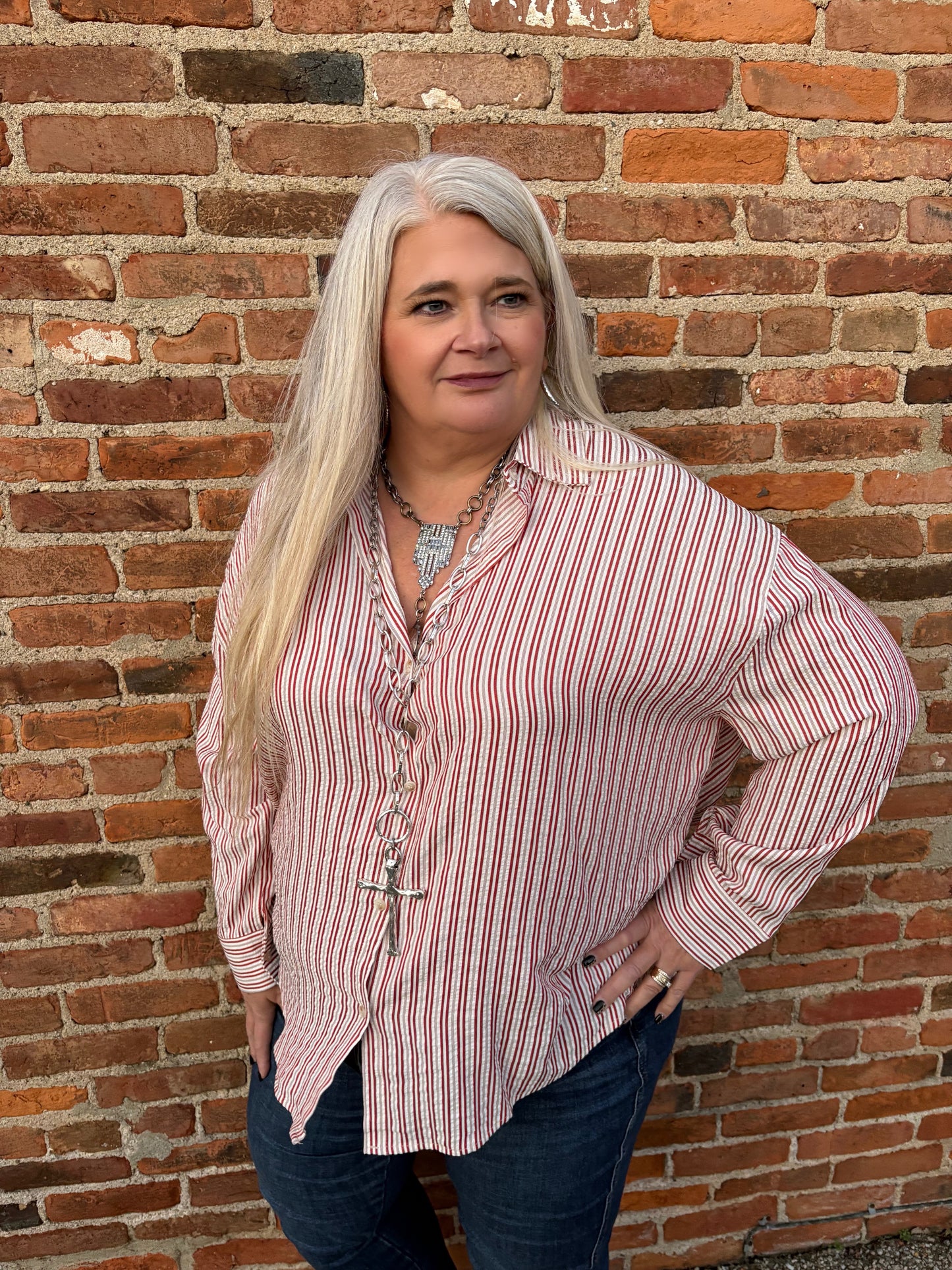 On Point Button Up Shirt  ~ Red Stripe