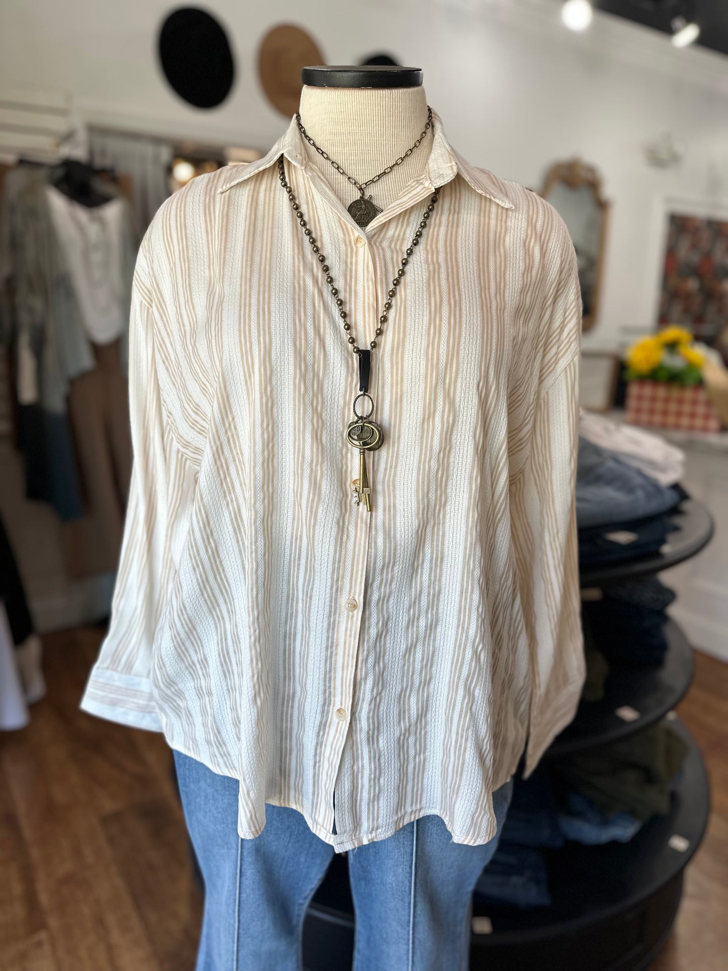 On Point Button Up Shirt  ~ Beige Striped