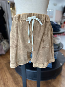 Walking In Paradise Acid Wash Drawstring Shorts ~ Dark Camel