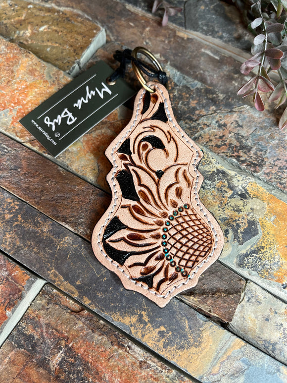 Myra Sandy Flower Hand-Tooled Leather Key Fob