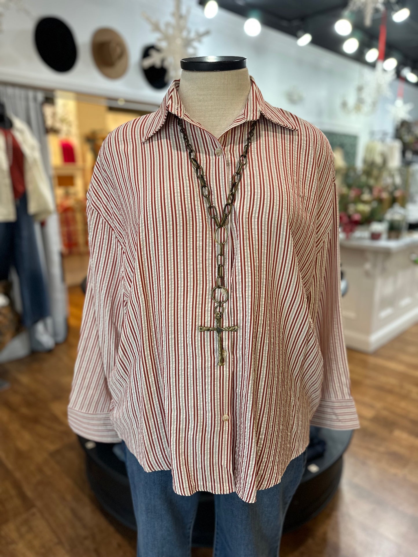 On Point Button Up Shirt  ~ Red Stripe