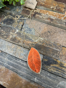 Threaded Gold Leaf Pendant Necklace ~ Orange