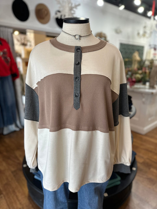 The Full Story Waffle Knit Colorblock Top