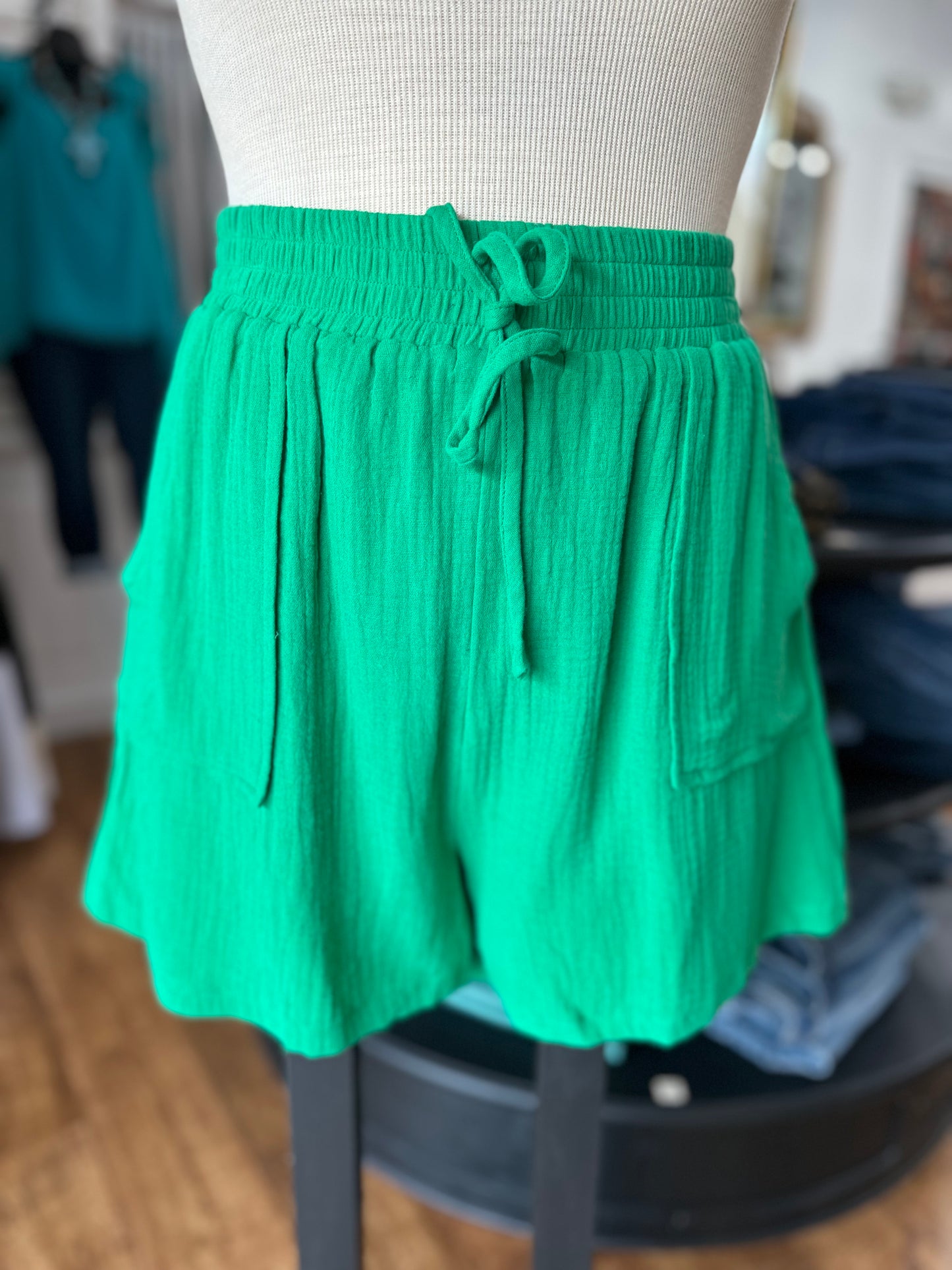 On My Time Elastic Waist Shorts ~ Green
