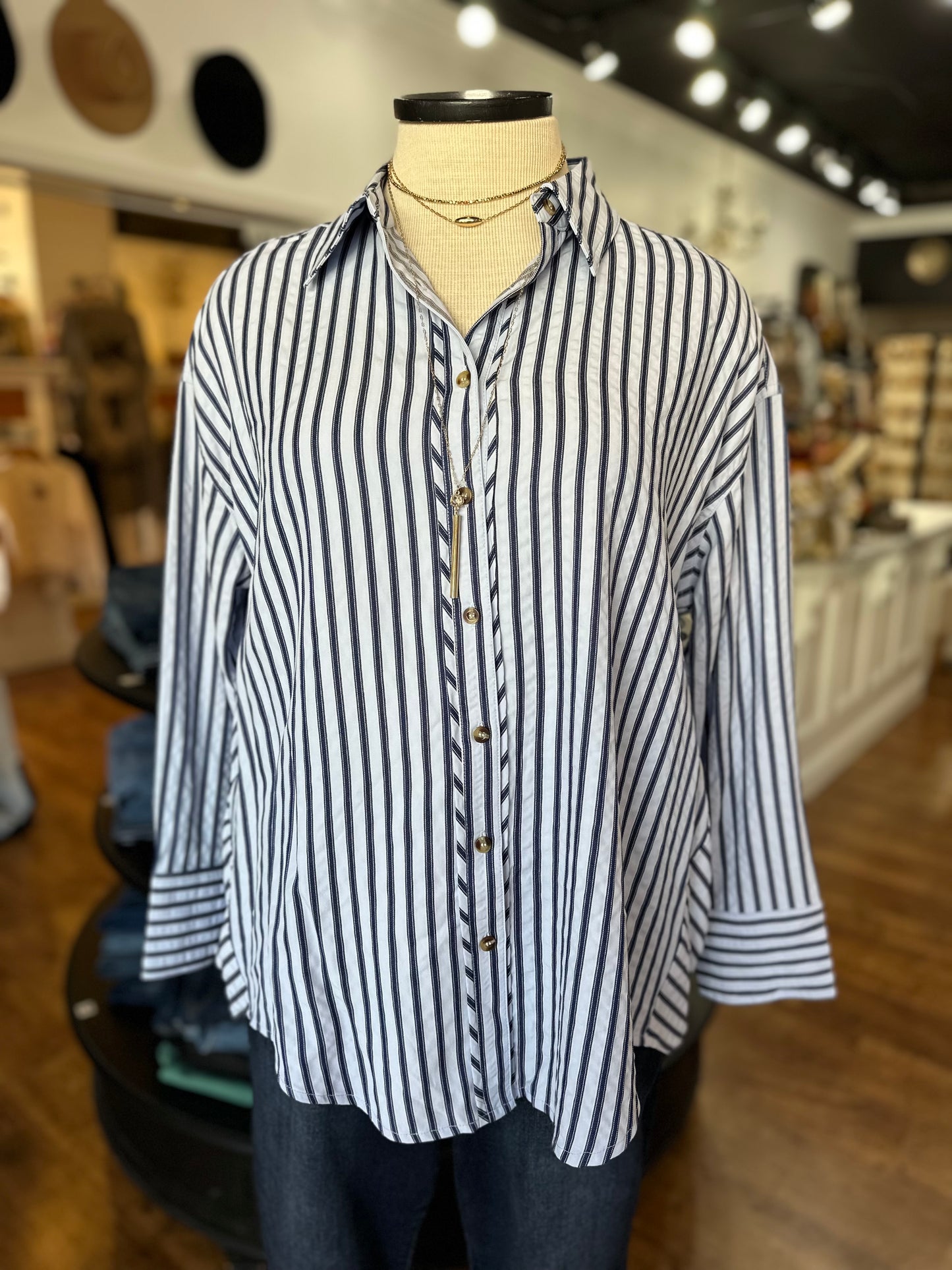 Tell Me Now Striped Button Down Top ~ Chambray
