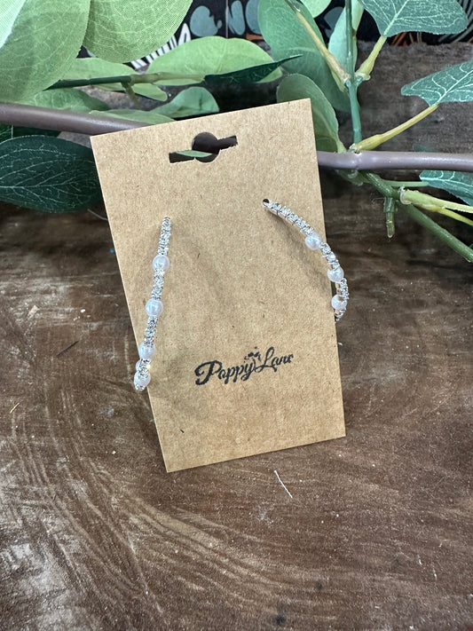 Breaking Point Pearl Rhinestone Hoop Earrings ~ Silver