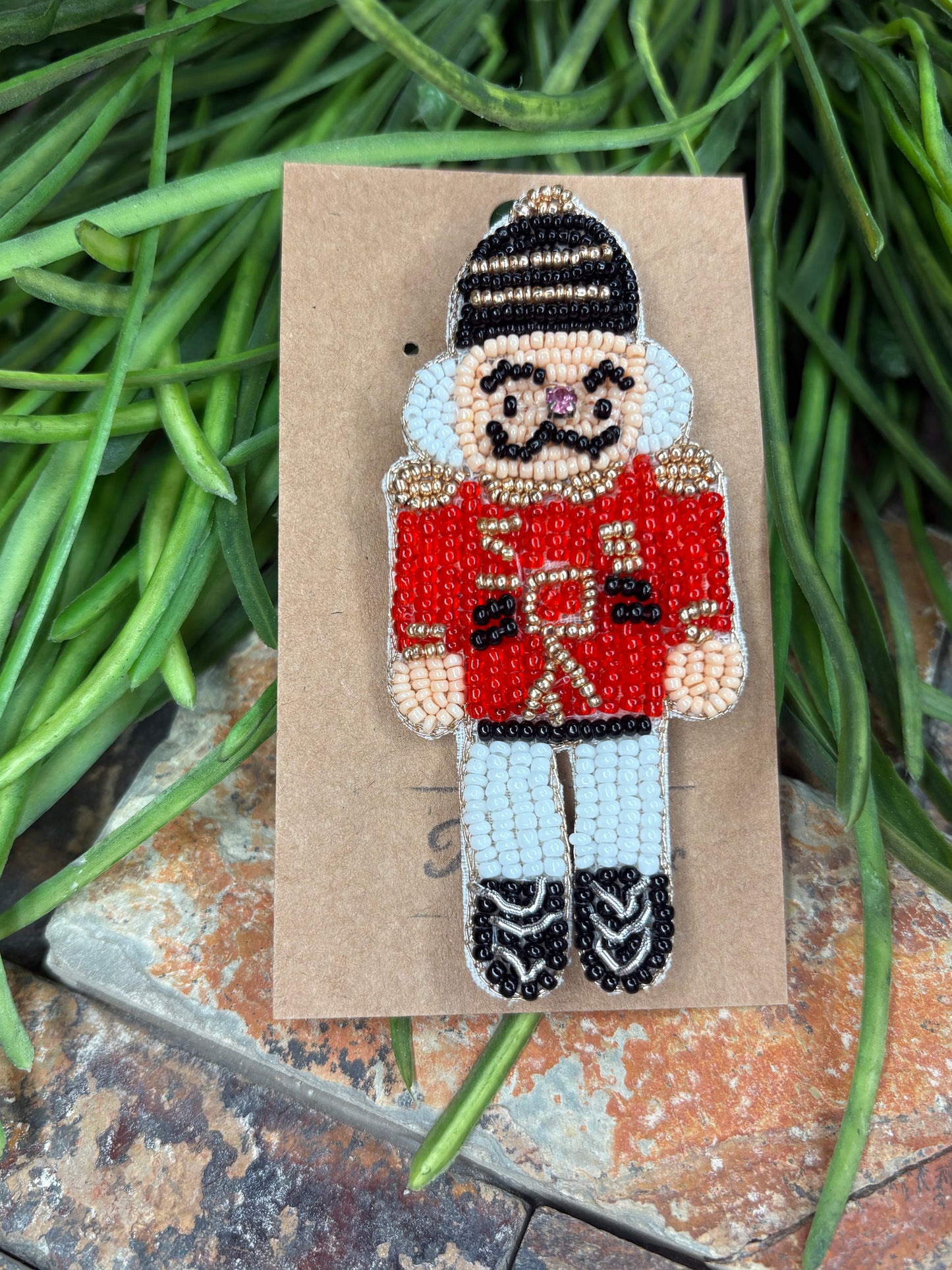 Christmas Cheer Beaded Brooch Pin - Red Nutcracker