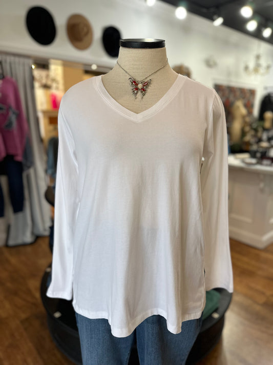 Pure Comfort V-Neck Long Sleeved Tee ~ White