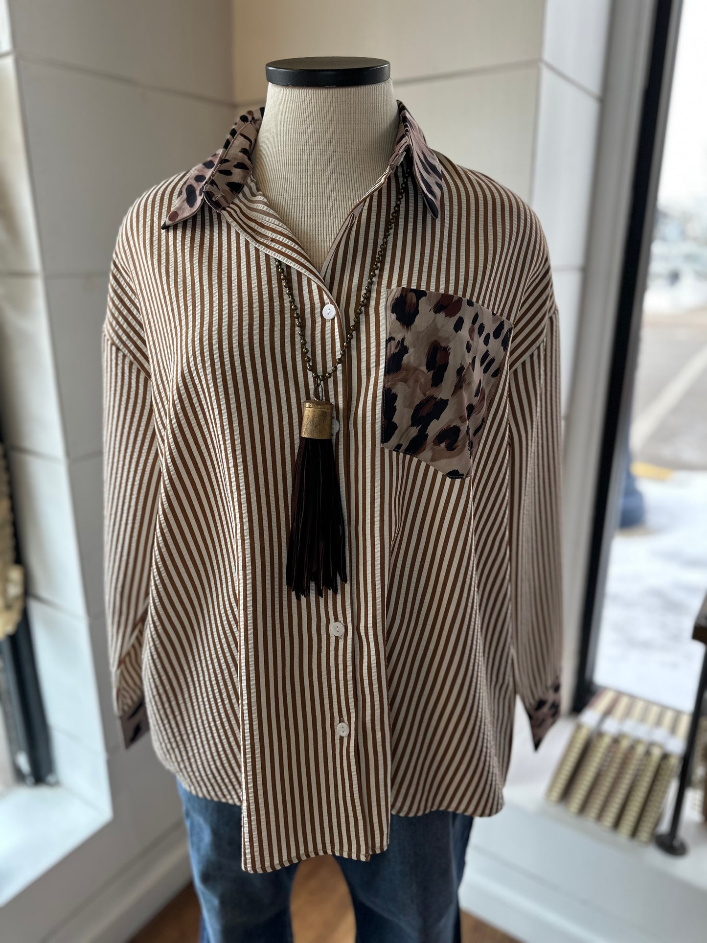 Wild Ride Striped Animal Print Button Up