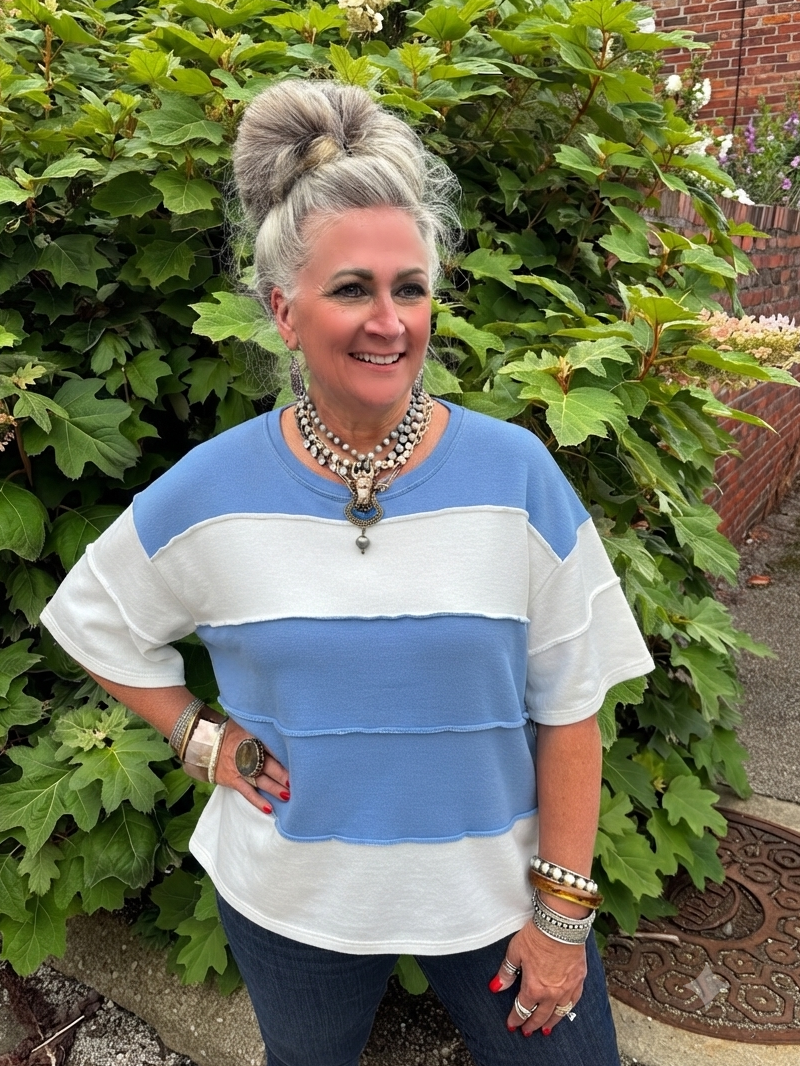 Sunday Stroll Striped Top ~ Cornflower Blue