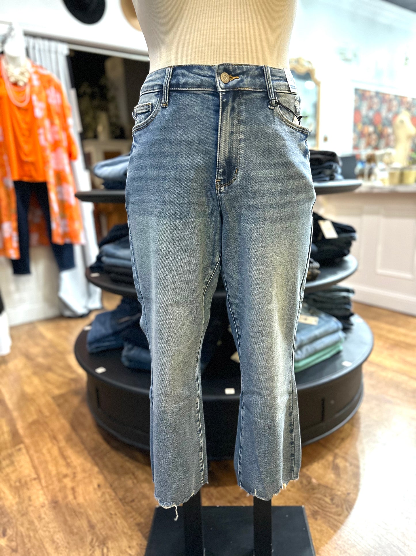 Judy Blue MidRise Vintage Wash Destroyed Hem Kick Flare Jean ~ MEADOW