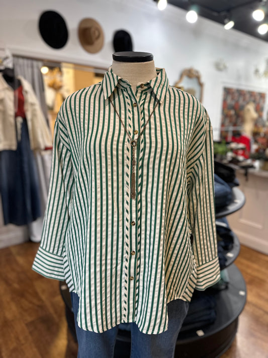 Tell Me Now Striped Button Down Top ~ Green
