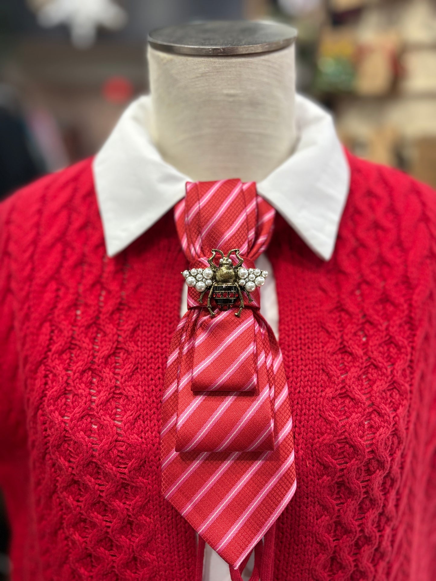 Simply Elegant Necktie Necklace Accessory / Bee Brooch on Red Tie with Pink Stripe