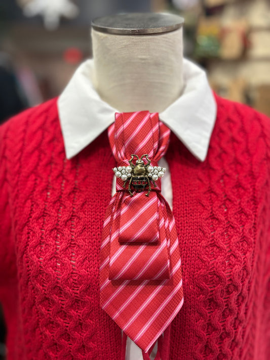 Simply Elegant Necktie Necklace Accessory / Bee Brooch on Red Tie with Pink Stripe