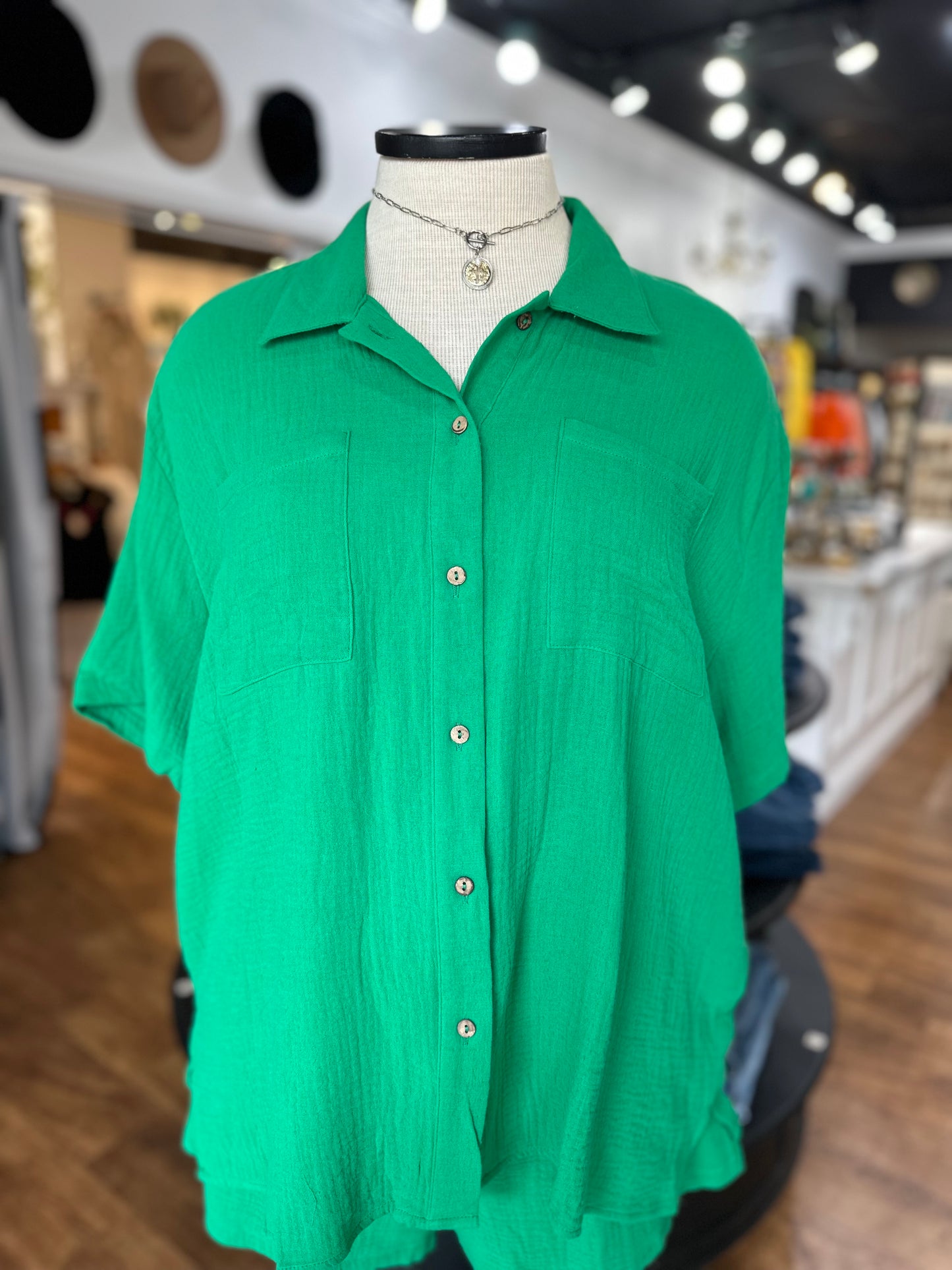 On My Time Button Down Top ~ Green