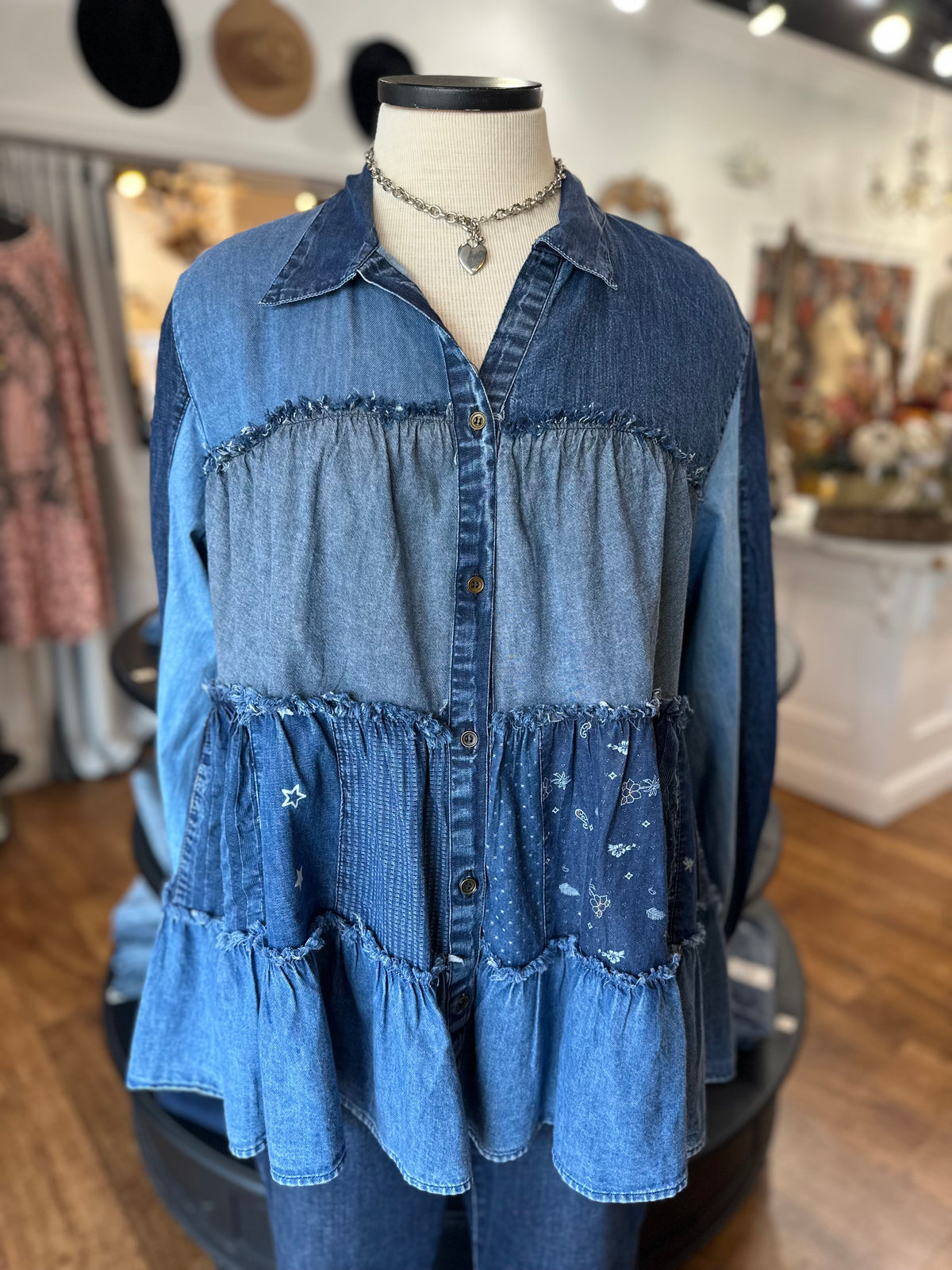 Off The Charts Denim Tiered Button Up Top